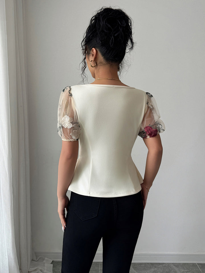 Off White Lace Sleeve Waist Detail Top