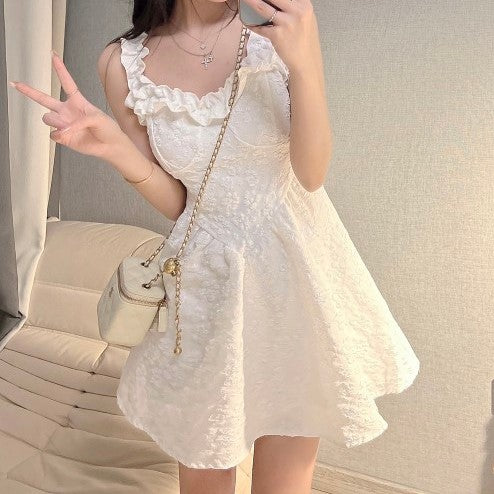 White Embroidered Fit And Flare Ruffle Neck Mini Dress