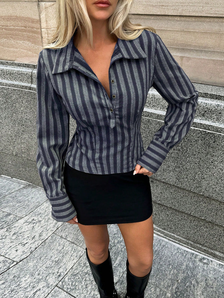 Navy Blue Striped Fitted Shirt