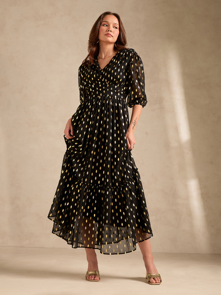 Black Evening Sinched Waist Tiered Dress