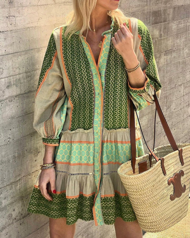 Green Abstract Print Front Buttoned Dress