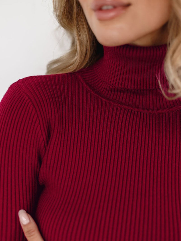 Burgundy High Neck Fitted Sweater