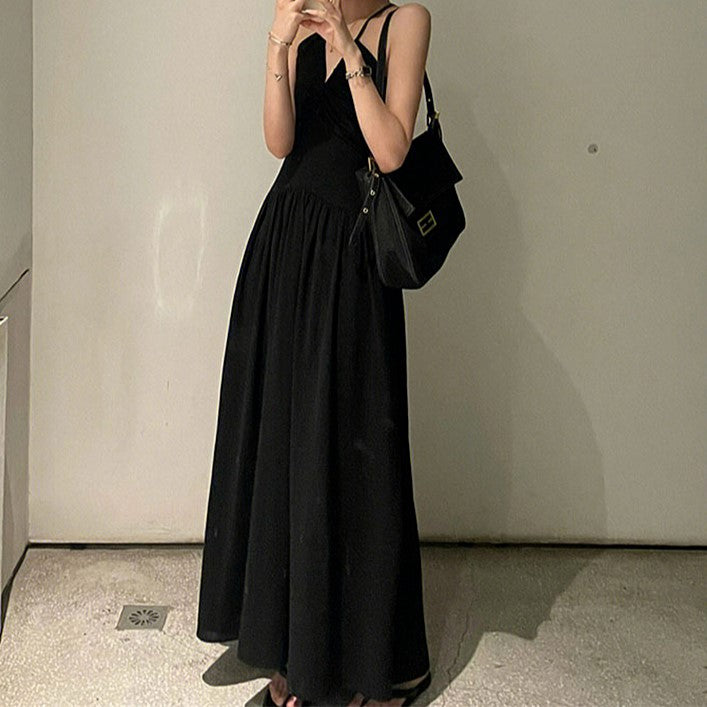 Black Drop Waist A-Line Halter Dress