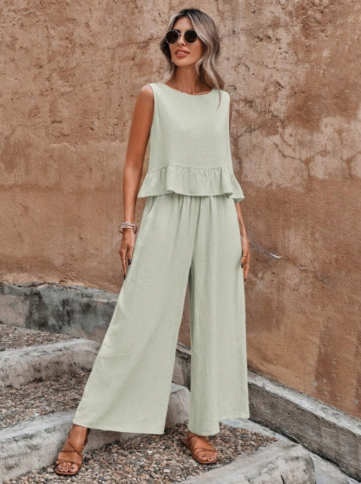 Grey Sleeveless Top With Wide Leg Trousers