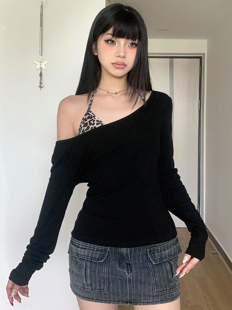 Black Off Shoulder Full Sleeves Slim Top