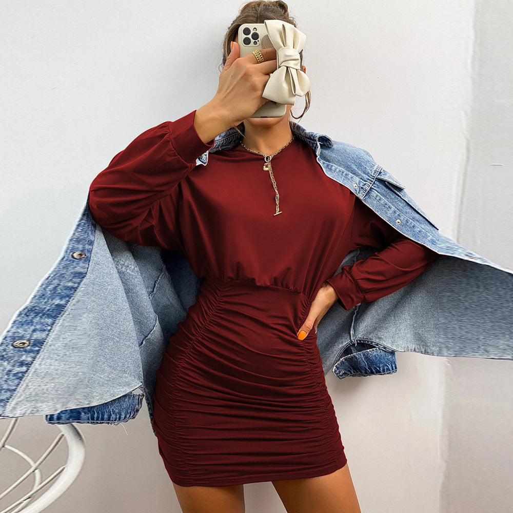 Burgundy Full Sleeved Ruched Bodycon Dress