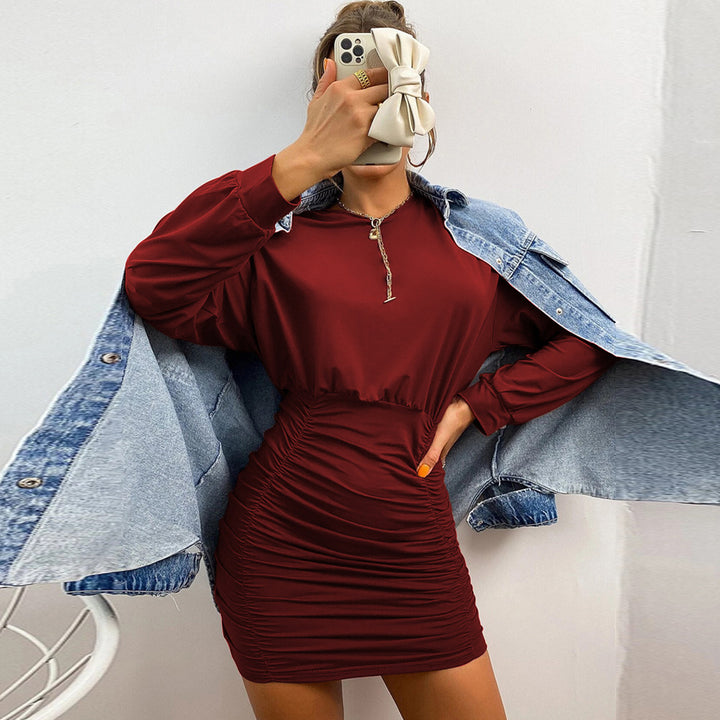 Burgundy Full Sleeved Ruched Bodycon Dress