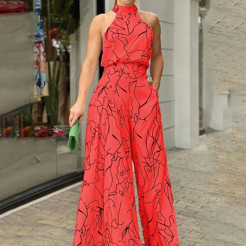 Red Halter Neck Wide Leg Jumpsuit