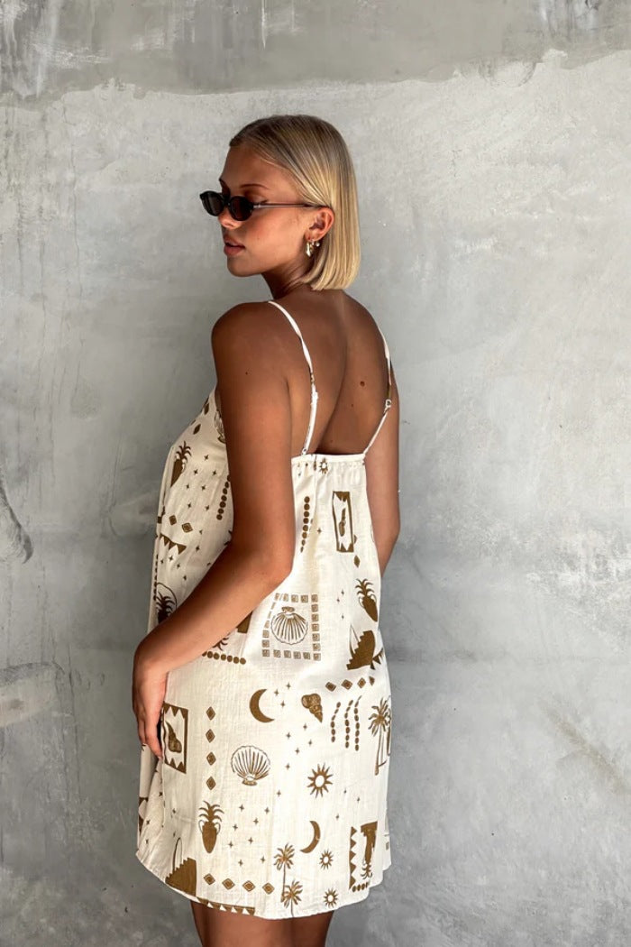 Brown Shoulder Strap Abstract Printed Dress
