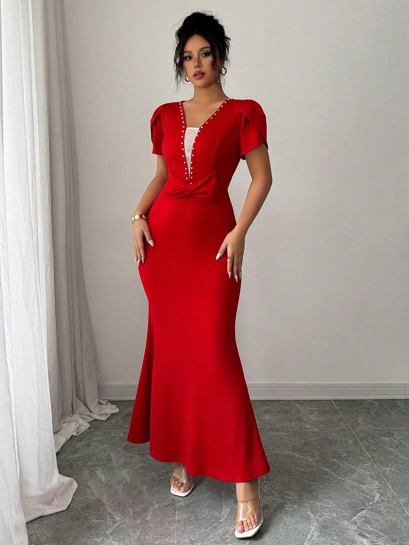 Red Petal Sleeve V-Neck Dress