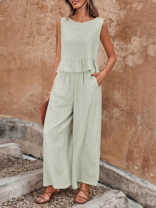 Grey Sleeveless Top With Wide Leg Trousers