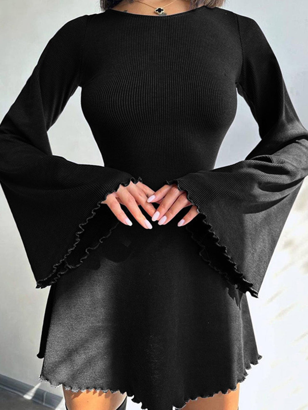 High Neck Bell Sleeves Mini Dress