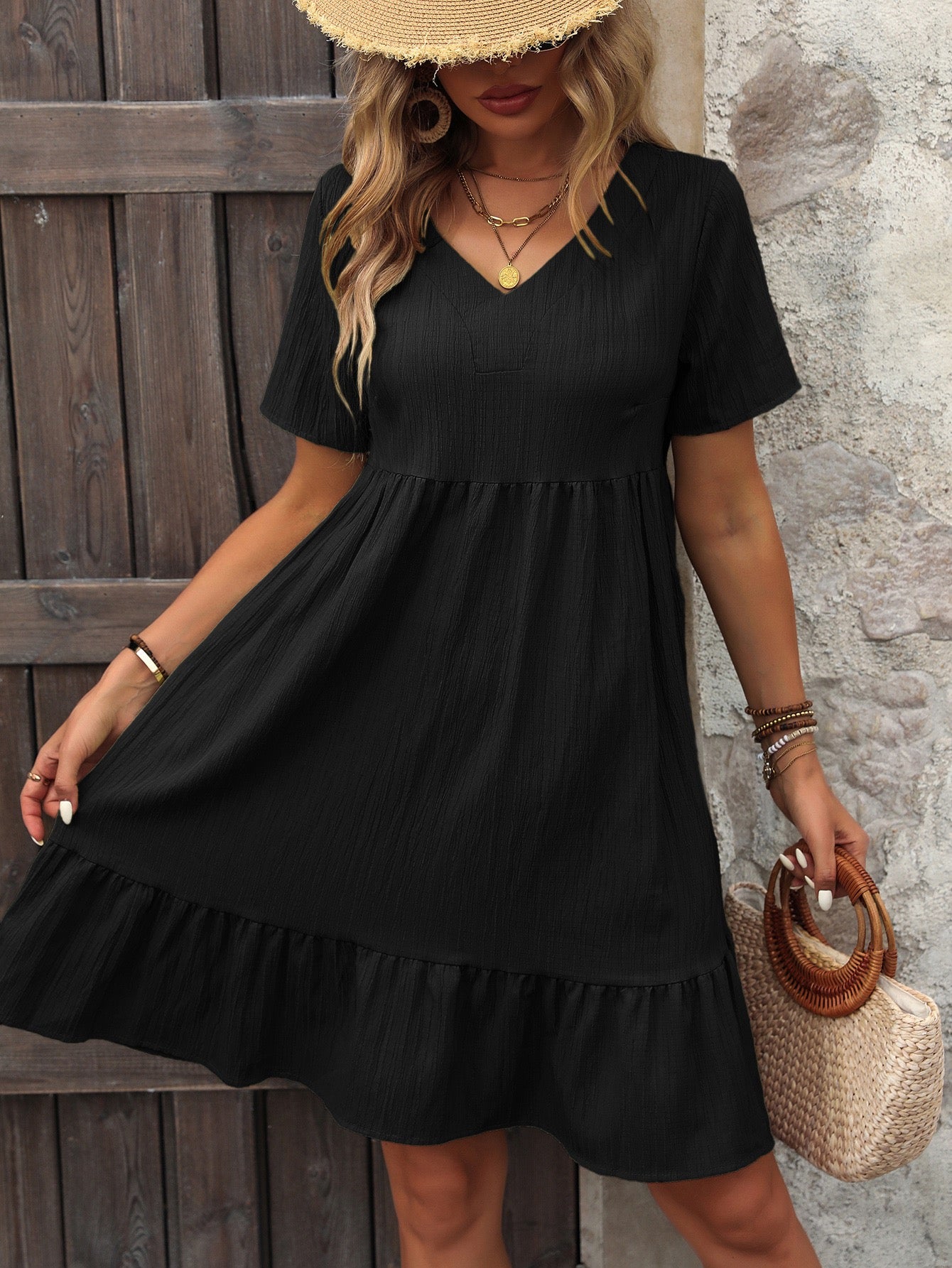 Black V-Neck Short Sleeve Flowy Dress