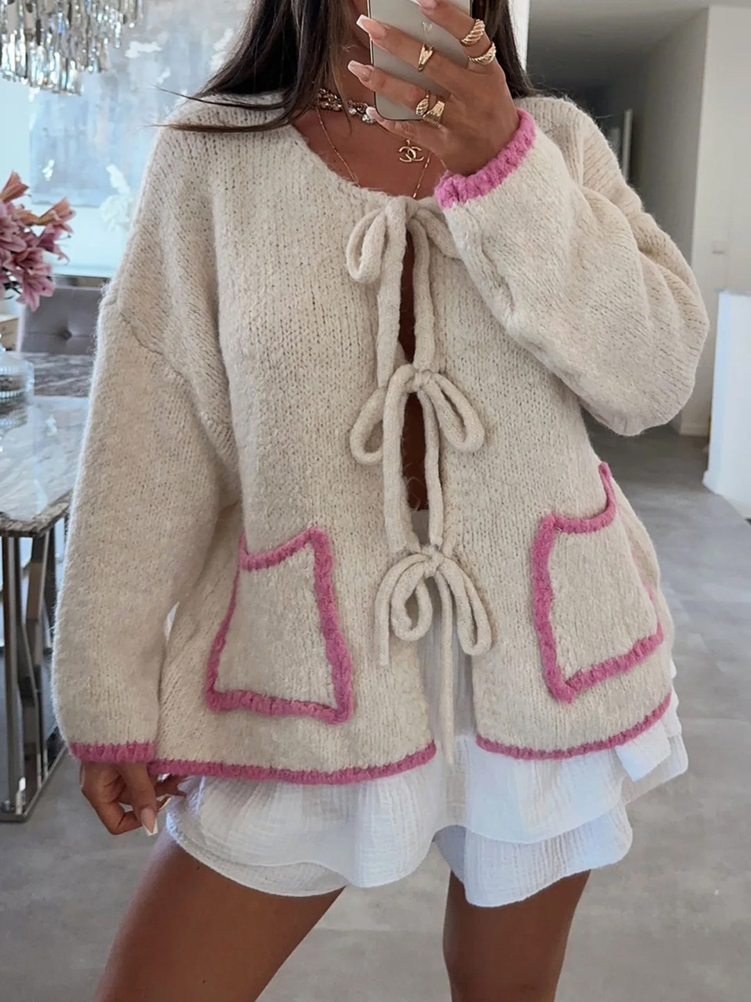 White Full Sleeves Front Tie Up Cardigan