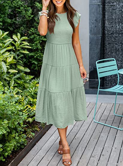 Sea Green Solid Flutter Sleeved And Tiered Dress
