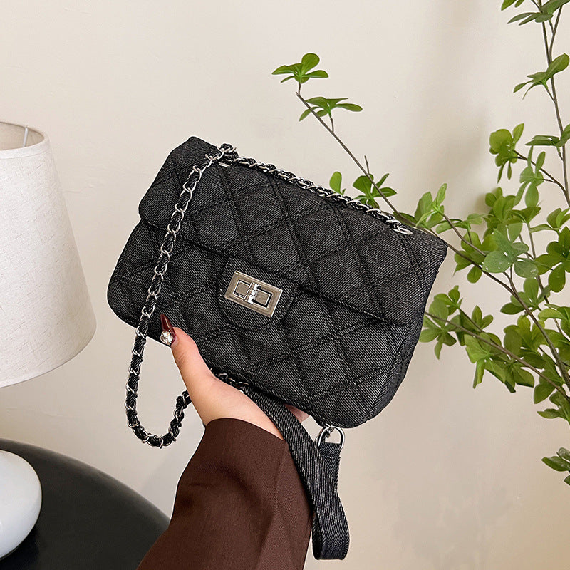Black Quilted Denim Chain Flap Bag