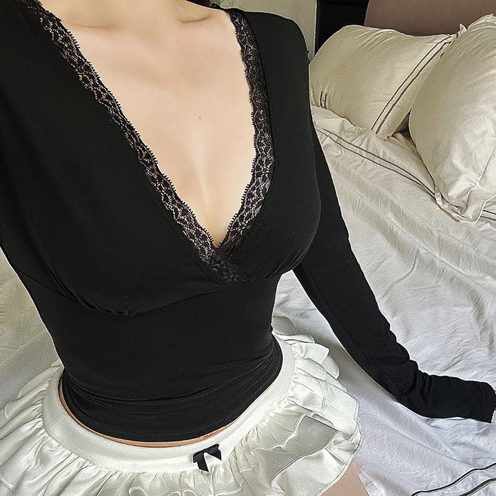 Black V Neck Full Sleeves Fitted Top