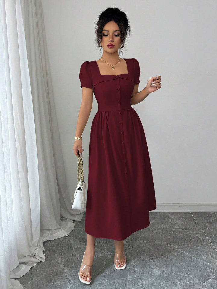 Wine Puff Sleeve Front Button Dress