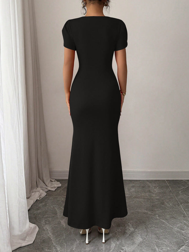 Black Petal Sleeve V-Neck Dress