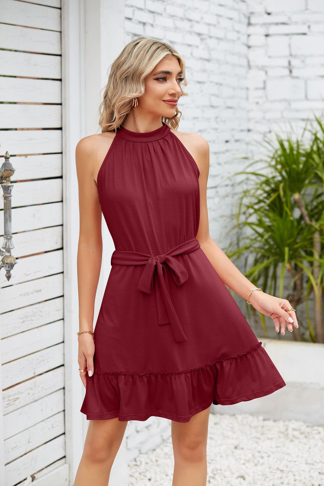 Maroon Sleeveless Front Tie-Up Ruffle Hem Dress