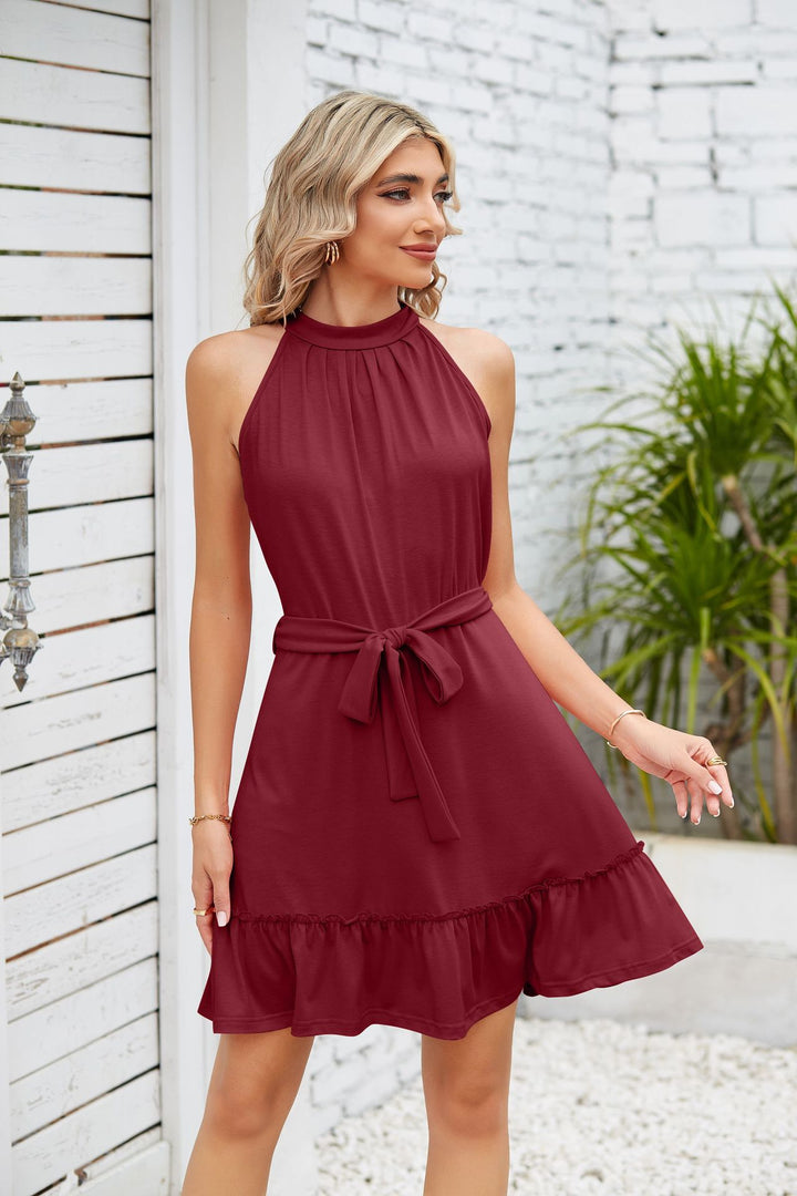 Maroon Sleeveless Front Tie-Up Ruffle Hem Dress