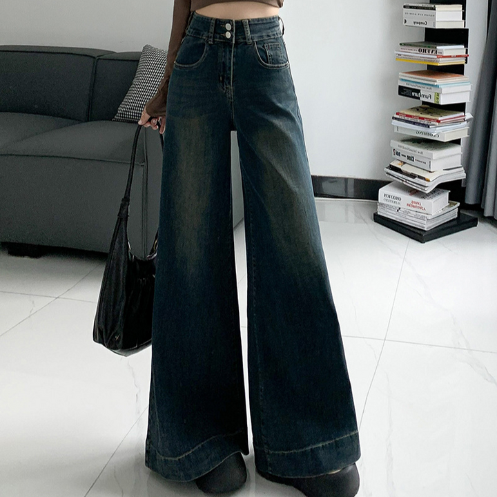 Blue Double Button Flared Denim