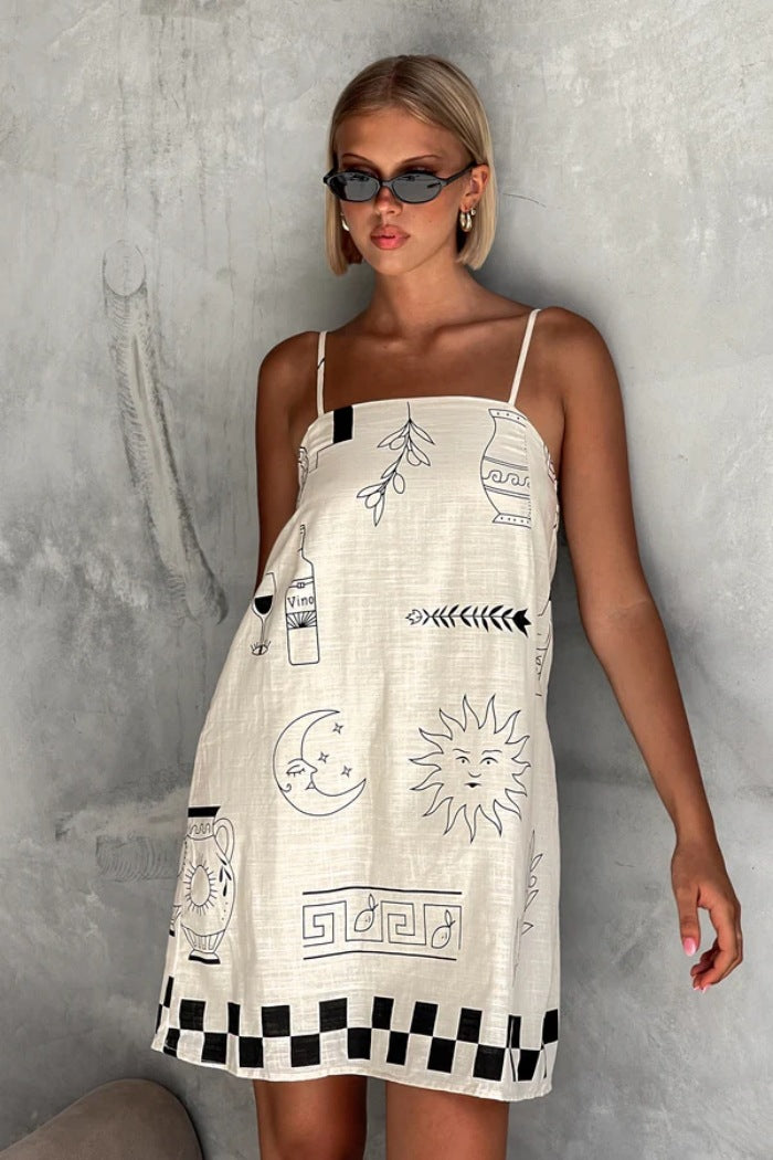 Black Shoulder Strap Abstract Printed Dress