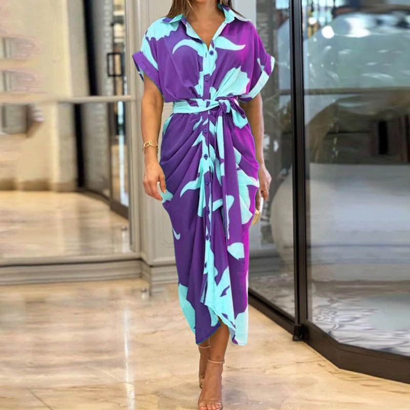 Purple Printed Waist Tie Up Straight Fit Dress