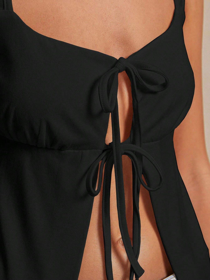 Black Wide Shoulder Strap Front Tie-Up Top
