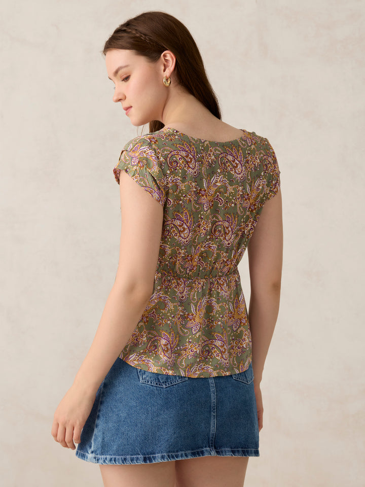 Green Printed Crinkled Blouse