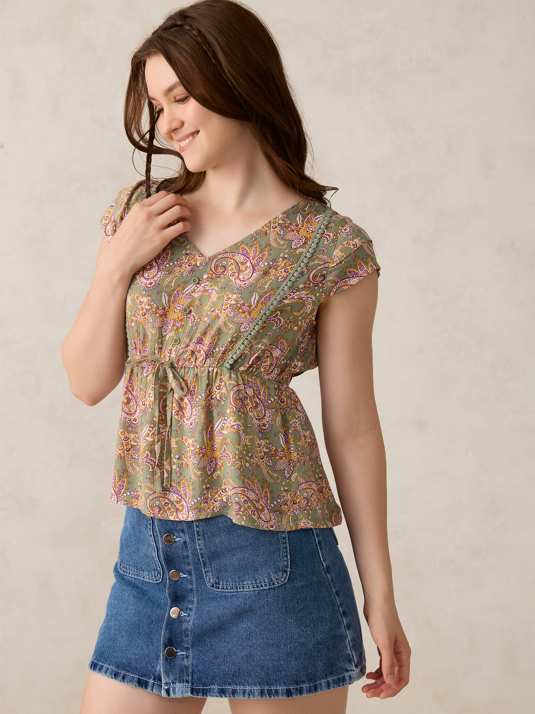 Green Printed Crinkled Blouse