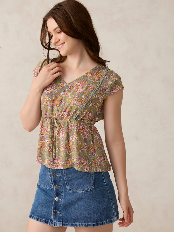 Green Printed Crinkled Blouse