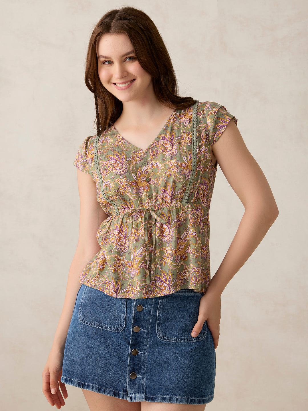 Green Printed Crinkled Blouse