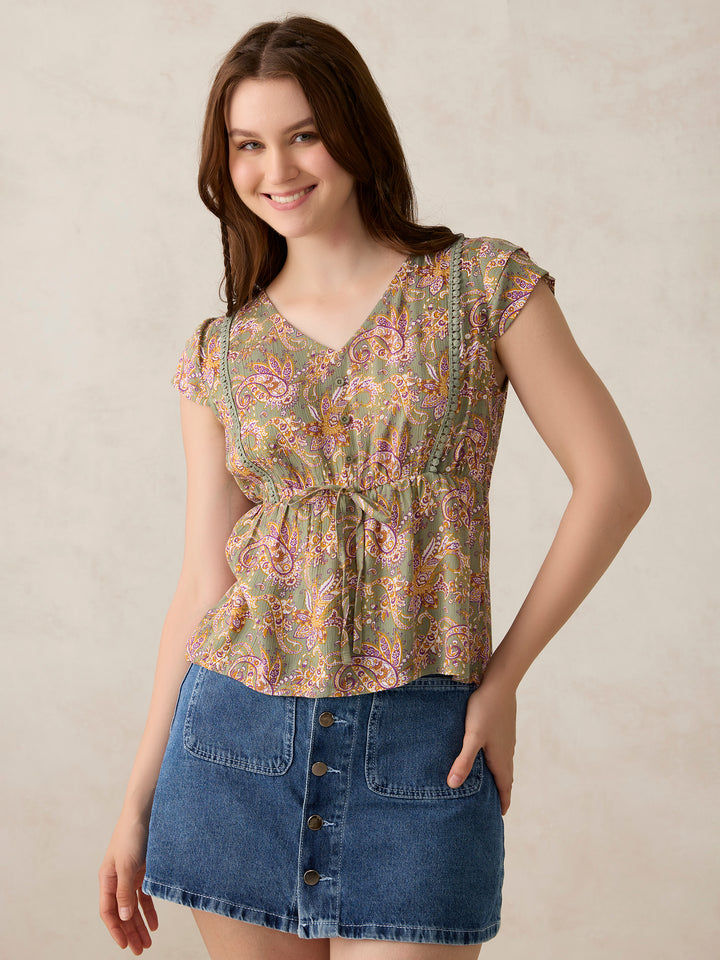 Green Printed Crinkled Blouse