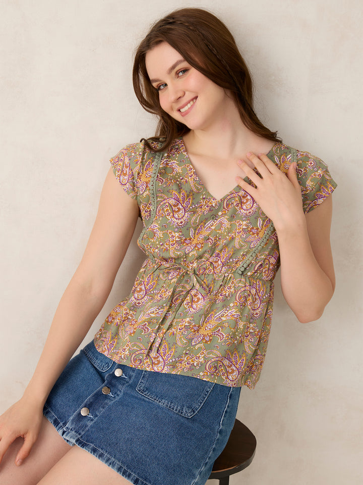 Green Printed Crinkled Blouse