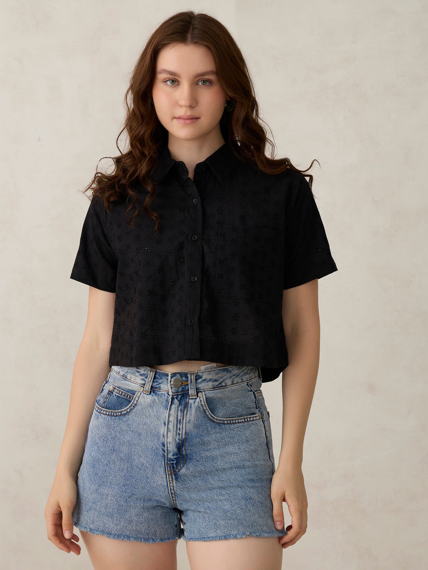 Black Cropped Schiffli Shirt