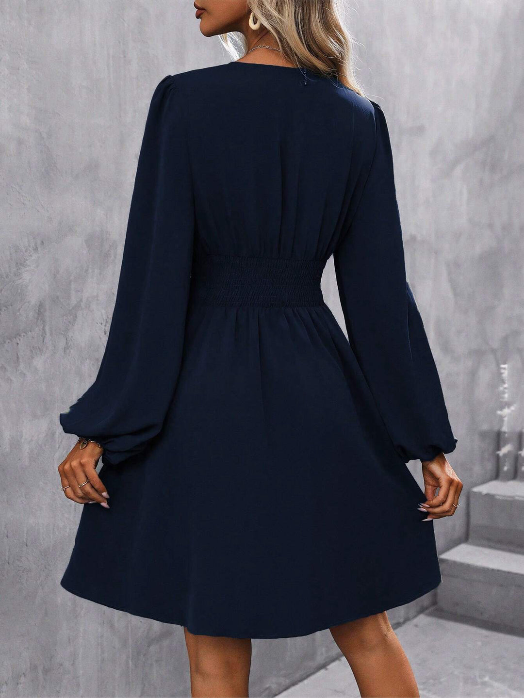 Navy Bishop Sleeve V Neck Dress