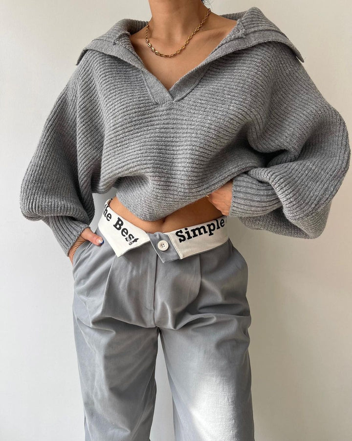 Grey Wide Collared Solid Sweater
