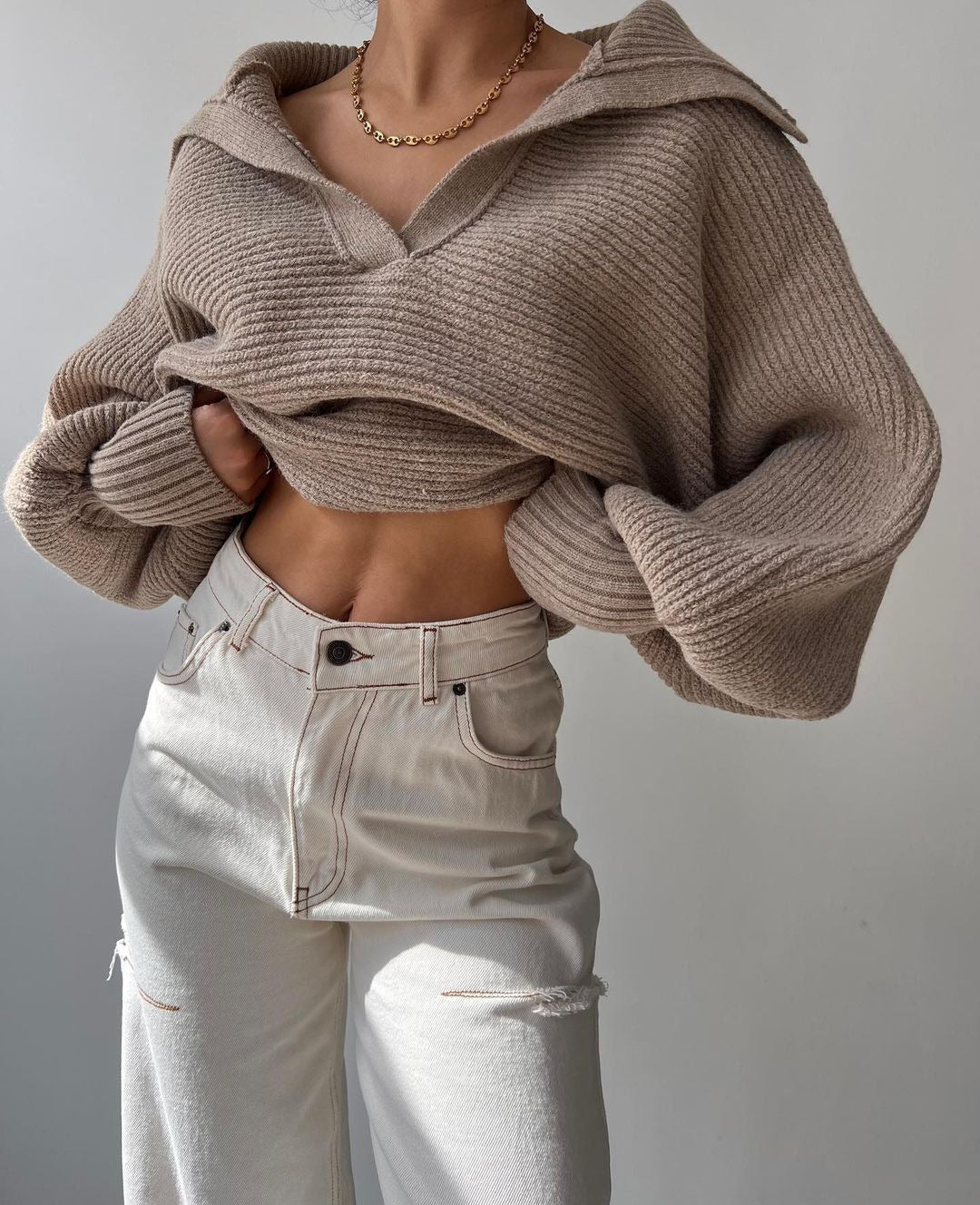 Taupe Wide Collared Solid Sweater
