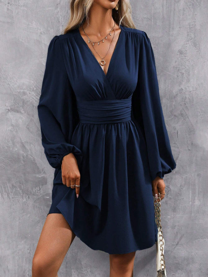 Navy Bishop Sleeve V Neck Dress