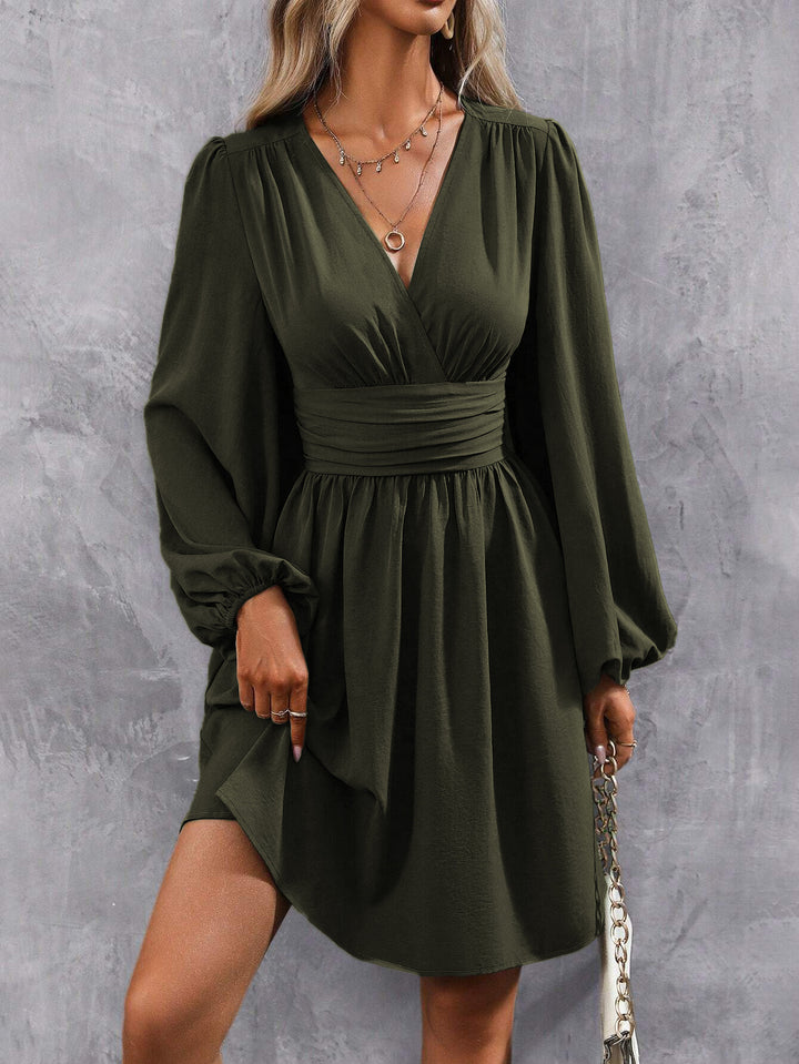 Olive Bishop Sleeve V Neck Dress