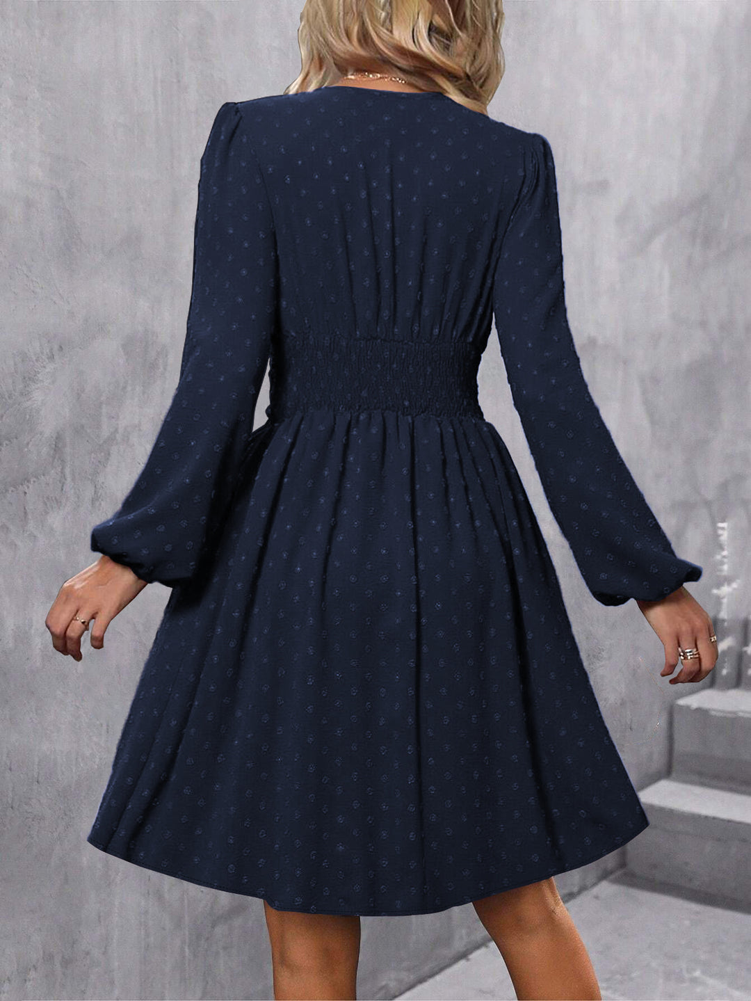 Navy Bishop Sleeve V Neck Flared Dress