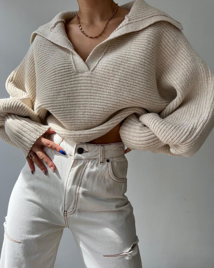 Cream Wide Collared Solid Sweater