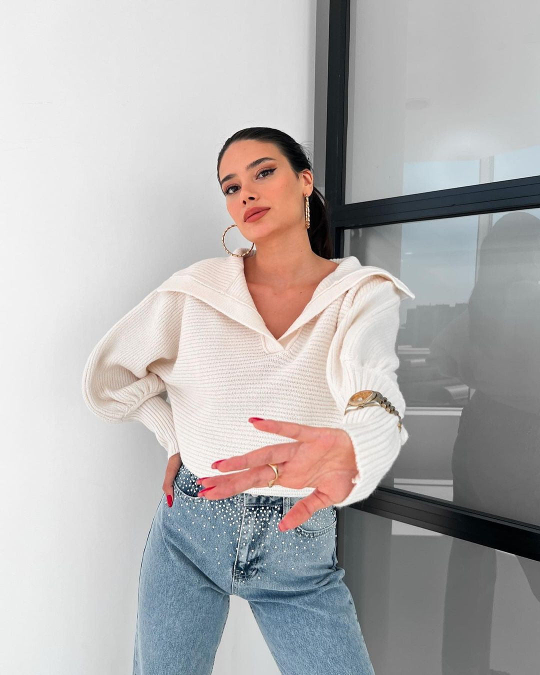 White Wide Collared Solid Sweater