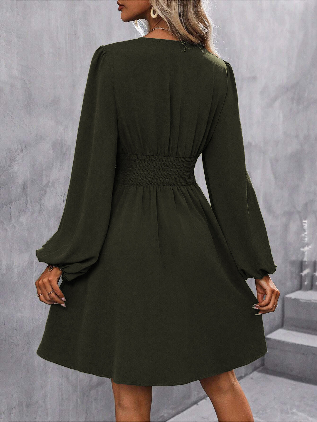 Olive Bishop Sleeve V Neck Dress