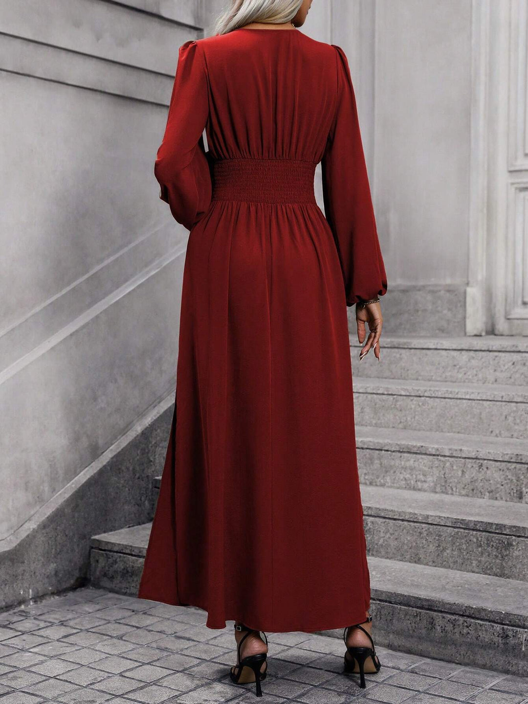 Red Bishop Sleeve V Neck Flared Side Slit Dress