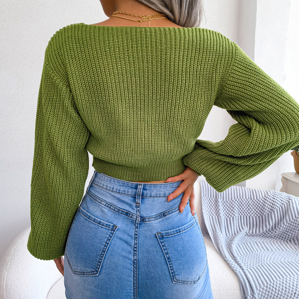 Green Scoop Neck Bow Tie Up Sweater