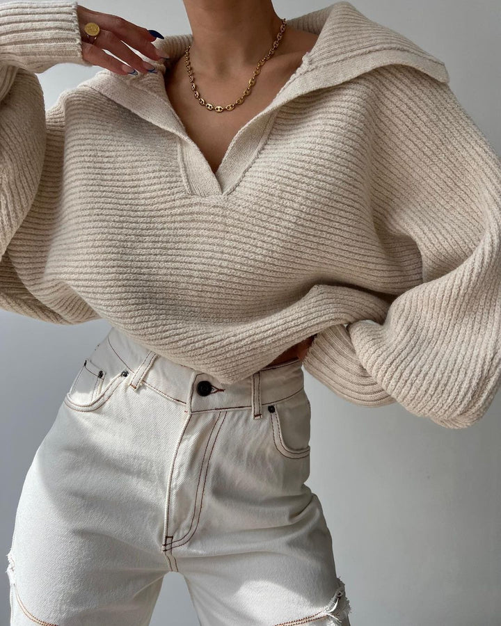 Cream Wide Collared Solid Sweater