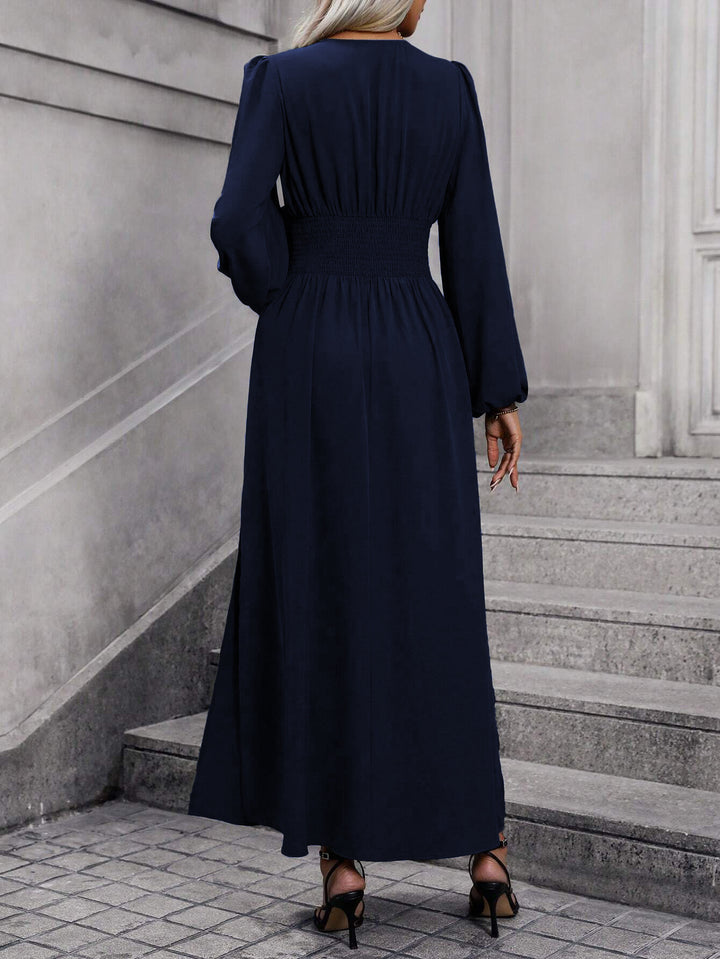 Navy Bishop Sleeve V Neck Flared Side Slit Dress