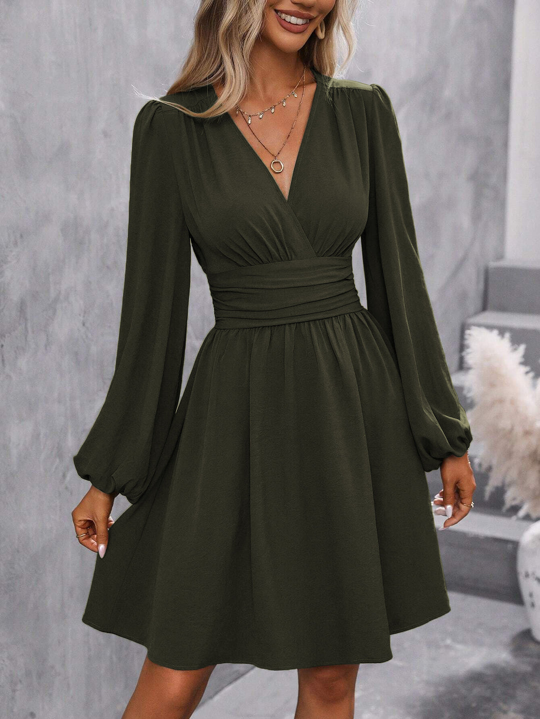 Olive Bishop Sleeve V Neck Dress